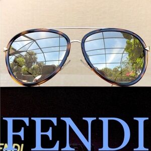 FENDI 57mm MIRRORED oversized acetate aviator sunglasses tortoise